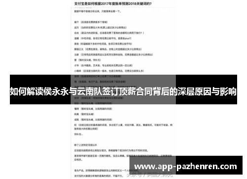 如何解读侯永永与云南队签订顶薪合同背后的深层原因与影响