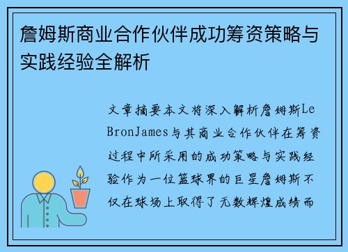 詹姆斯商业合作伙伴成功筹资策略与实践经验全解析