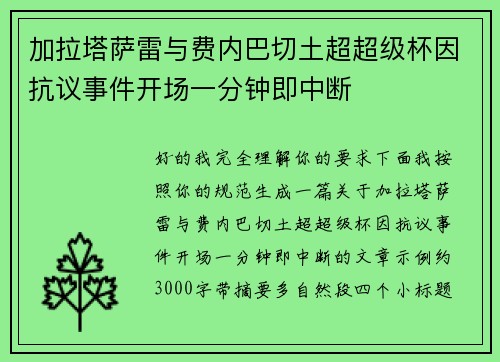 加拉塔萨雷与费内巴切土超超级杯因抗议事件开场一分钟即中断